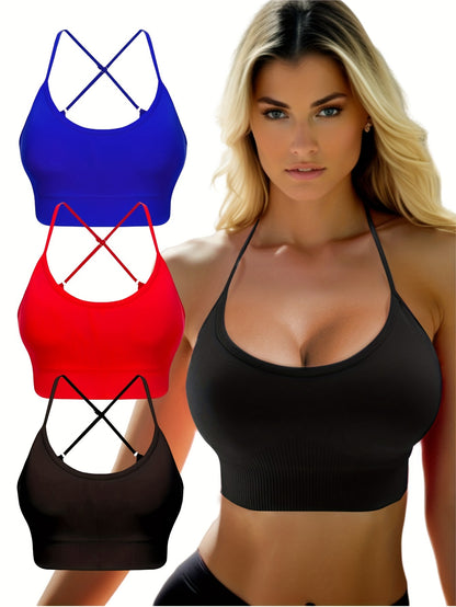 3 pcs Breathable Criss Cross Sports Bra for Women - Sleeveless Yoga Crop Top with Adjustable Straps - Perfect for Fitness and Activewear