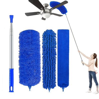 Microfiber Duster with 254.0 cm Telescopic Extension Pole Kit for High Ceilings, Cleaning Fan Spider Webs, Reusable and Washable Lightweight Ceiling Fan Nets, Blinds