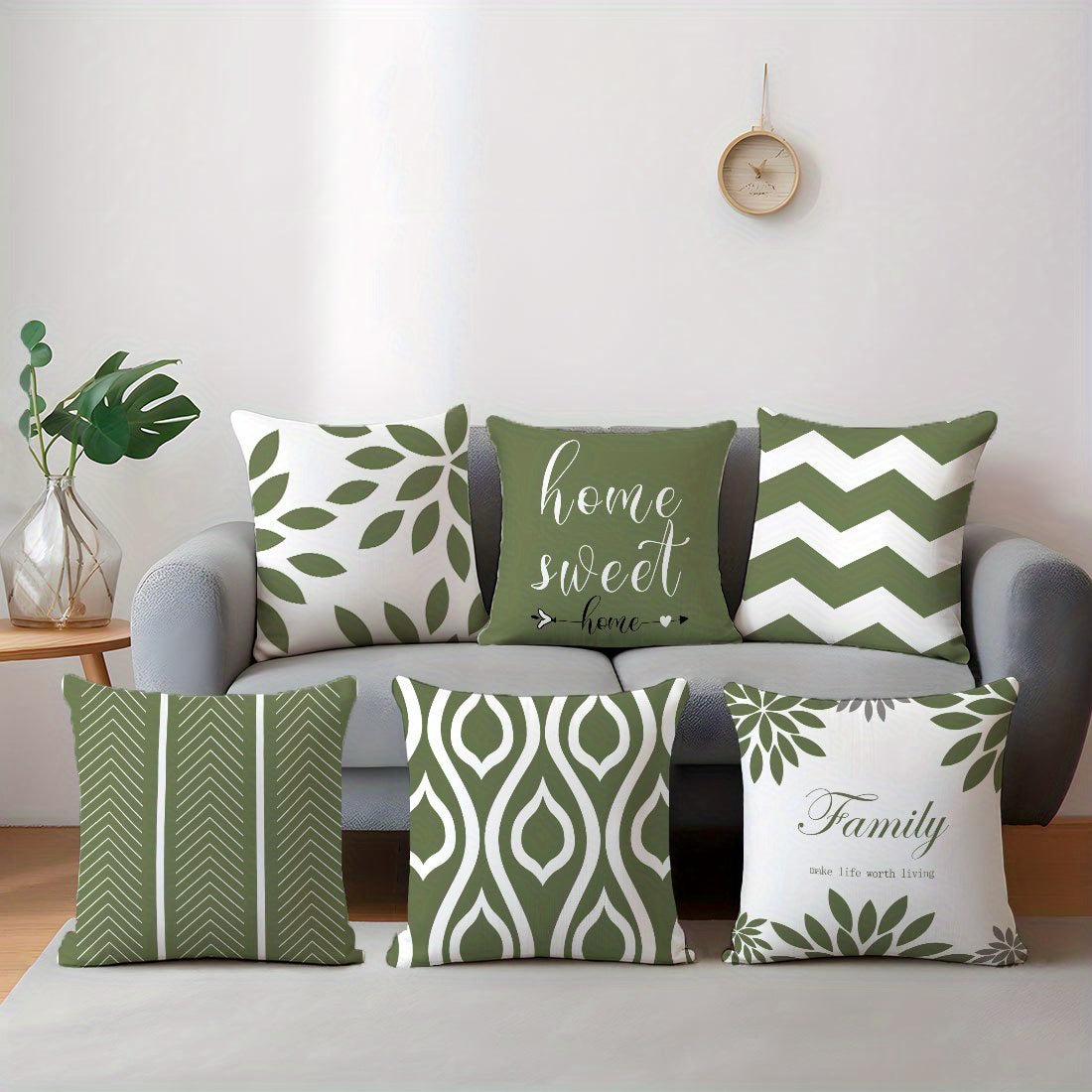 Conjunto de 6 fronhas com estampado geométrico de folhas verdes, impressão num dos lados, com 44,96 x 44,96 cm. Ideais para decoração de sala de estar, sofá e quarto. Não inclui enchimento.