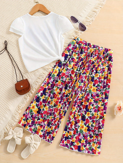 Girls' Fashion 2pcs Set, Cartoon Print Crew Neck T-Shirt & Pleated Polka Dot Pants, Casual Summer Outfit, Polyester & Spandex, Knit Fabric, Regular Fit - HWMFSNHFZ, for Outdoor