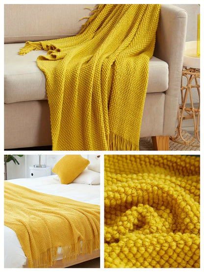 1pc Throw Blanket with Tassels, Bubble Textured Lightweight Throw Blanket for Couch Bed Sofa Home Decor