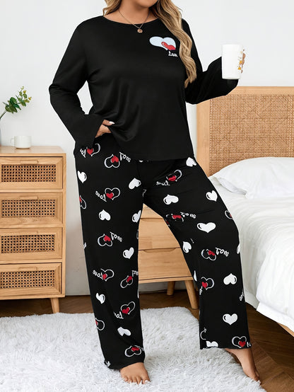 Autumn And Winter Large Size Black Crew Neck Cartoon Small Love Two-Color English Pattern Print Casual And Comfortable Sister Two-Piece Pajama Set