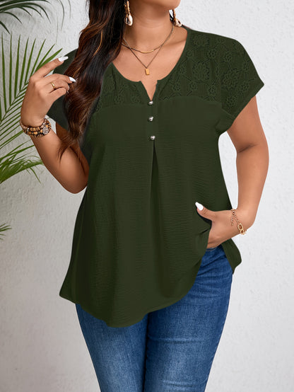 Women'S Plus Size Casual Top - Elegant Maroon Blouse with Contrast Lace Detail, Non-Stretch Fabric, Perfect for Spring/Summer/Fall, Plus Size Blouses
