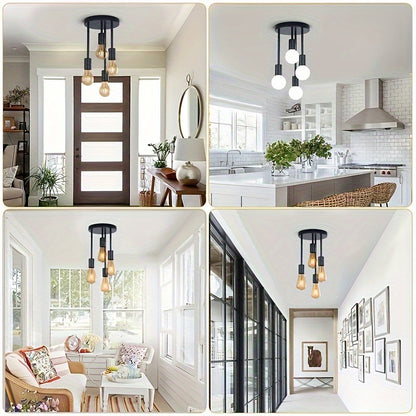 1pc Black Modern 4-Light Chandelier, Iron Branch Ceiling Light For Kitchen, Hallway, Bedroom, E27 Bulb Base Bulb Not Included, Home Lighting Accessory