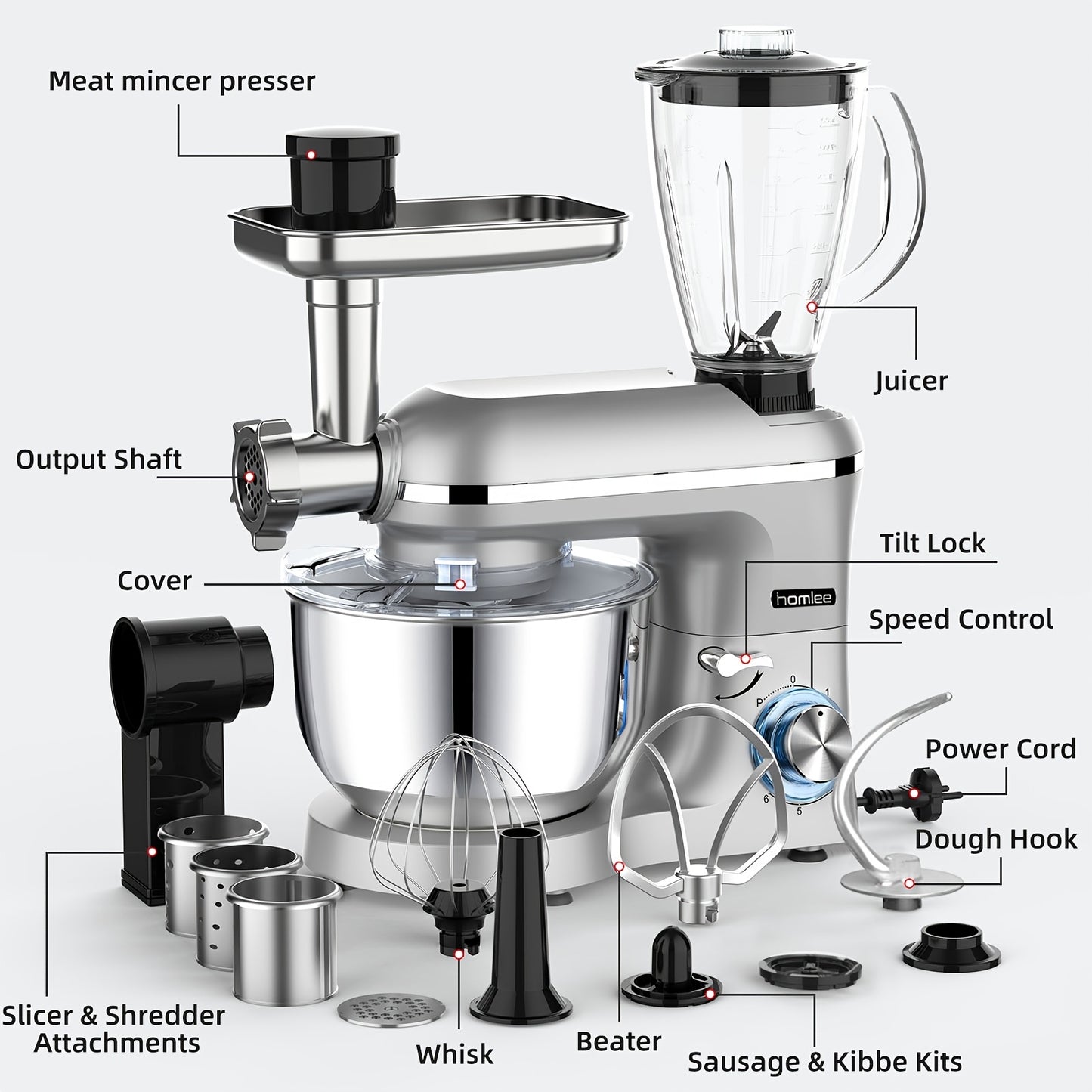 Homlee 6 in 1 Multifunctional Stand Mixer with 5.5L Stainless Steel Bowl, 2000W 6 Speed Tilt-Head Meat Grinder, Juice Blender with 1.5L Glass Jar, Multi-Functional Food Processor, Commercial Mixers for Most Home Cooks Beater