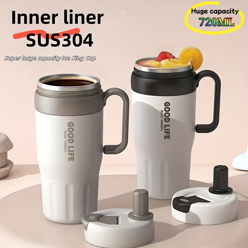 1pc 304 Stainless Steel Double-Walled Handle Tumbler, 720ml Large Capacity Sports Cup with Straw – Portable Outdoor Travel Mug, Essential High-Capacity Water Bottle for Car and Outdoors