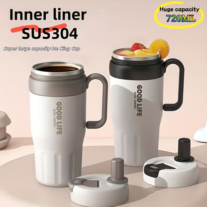 1pc 304 Stainless Steel Double-Walled Handle Tumbler, 720ml Large Capacity Sports Cup with Straw – Portable Outdoor Travel Mug, Essential High-Capacity Water Bottle for Car and Outdoors