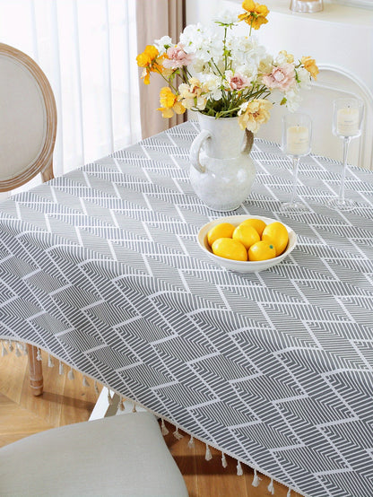 1pc, Bohemian Geometric Wave Pattern Tablecloth - European Style Cotton and Linen Rectangular Tablecloth for Farmhouse, Restaurant, Picnic, Camping, Birthday Party Decoration and Home Decor