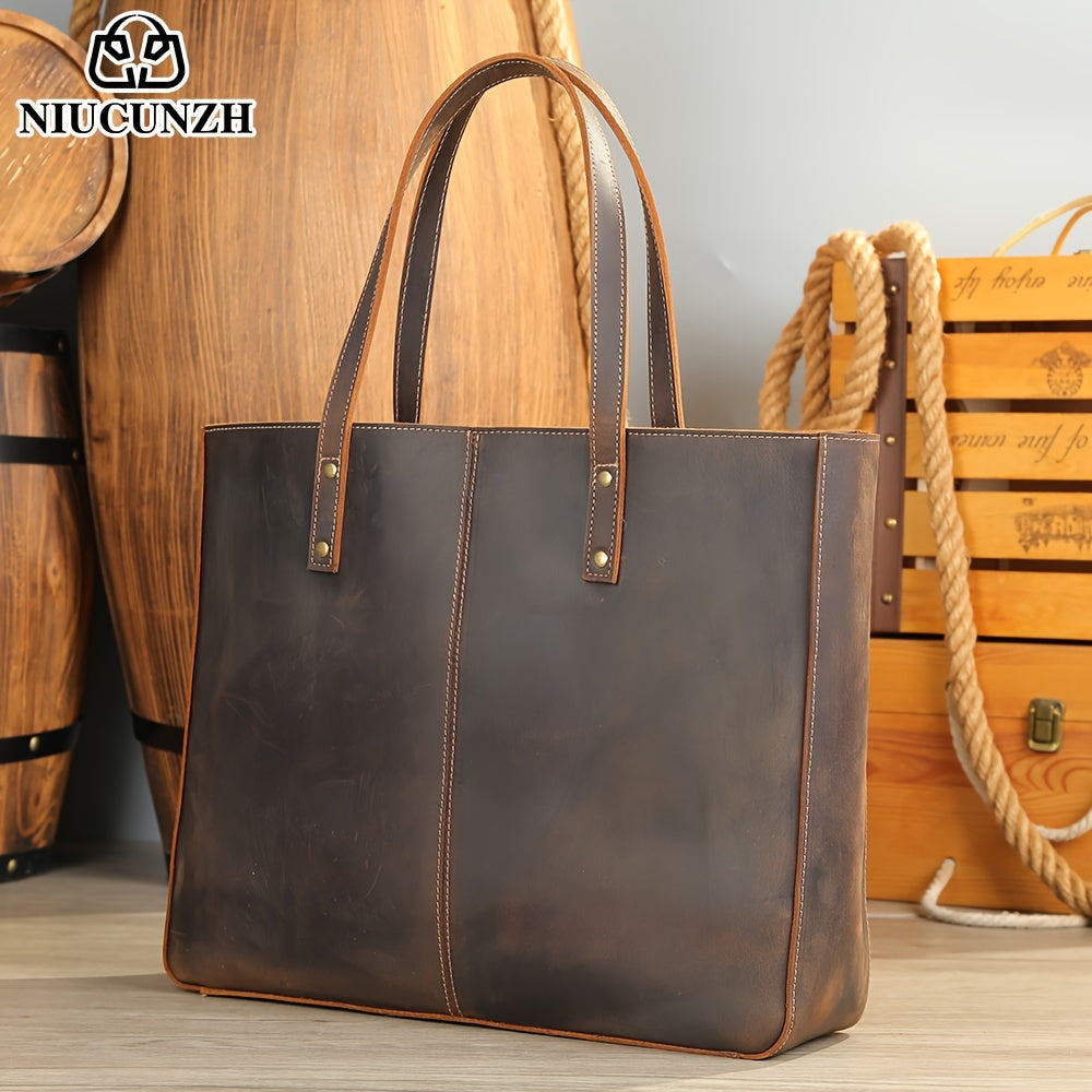 NIUCUNZH Men's Vintage Genuine Leather Tote Bag, Top Layer Cowhide, Large Capacity Shoulder Bag for Going Out, Briefcase Style Handbag, Maintenance Free