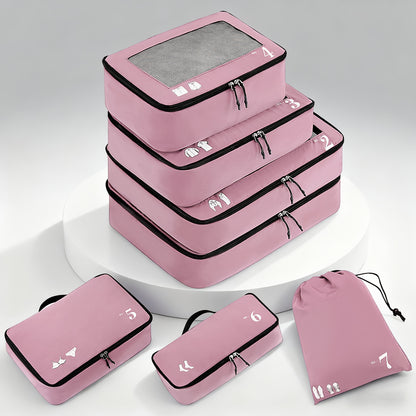 7pcs All-in-One Luggage Organizer Set with Shoe Bag & Laundry Pouch - Heavy-Duty Travel Packing Cubes, Zippered Compartments, Space-Saving Design for Suitcase, Backpack, Business Trip, Vacation, Camping - Machine Washable, Re