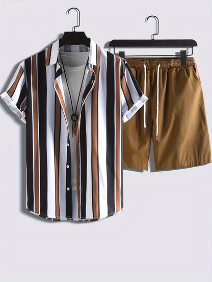 2pcs Men's Stripe Pattern Color Block Short Sleeve Button Shirt & Loose Shorts, Men's Casual Outfit For Summer Vacation