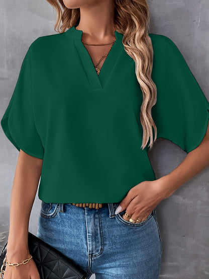 Solid Color Notch Neck Blouse, Casual Short Split Sleeve Blouse For Spring & Summer, Women's Clothing