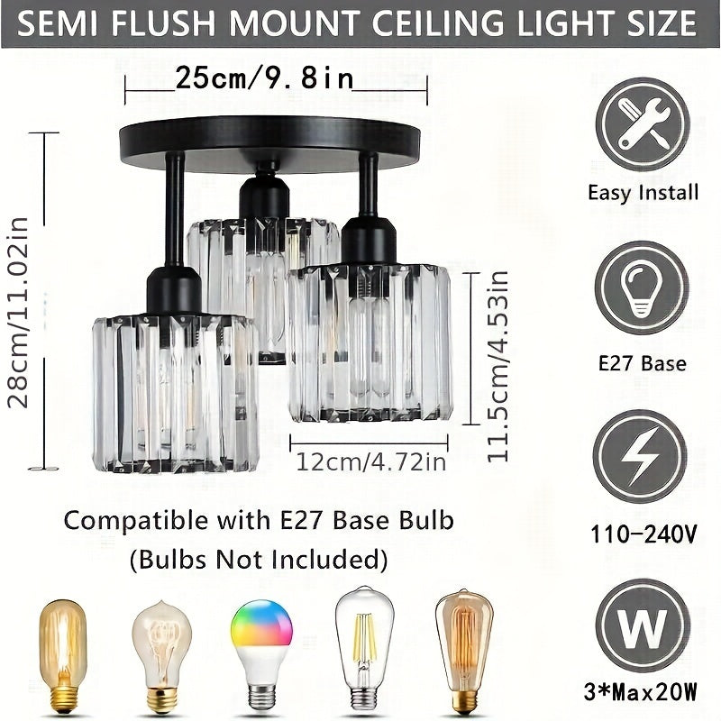 Modern 3-Light Semi-Flush Mount Crystal Chandelier - Metal Ceiling Light Fixture with Glass Shades for Dining Room, Foyer, Hallway, Kitchen Island, Office - E27 Bulb Base, Hardwired (Bulbs Not Included)