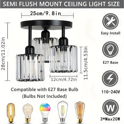 Modern 3-Light Semi-Flush Mount Crystal Chandelier - Metal Ceiling Light Fixture with Glass Shades for Dining Room, Foyer, Hallway, Kitchen Island, Office - E27 Bulb Base, Hardwired (Bulbs Not Included)