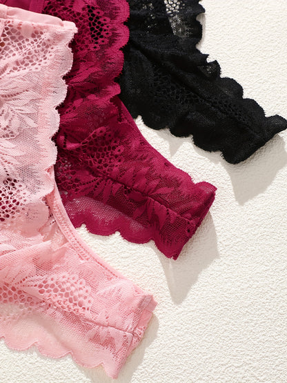 3pcs Women's Lace Trim Sexy Sheer Thong Set, Intimate Wear, Thong Collection, Feminine Lingerie, Elegant Thongs, Soft Lace, Comfortable Fit, Vstring Panties, Lowrise Underwear, Sensual Undergarments, Lingerie Lovers