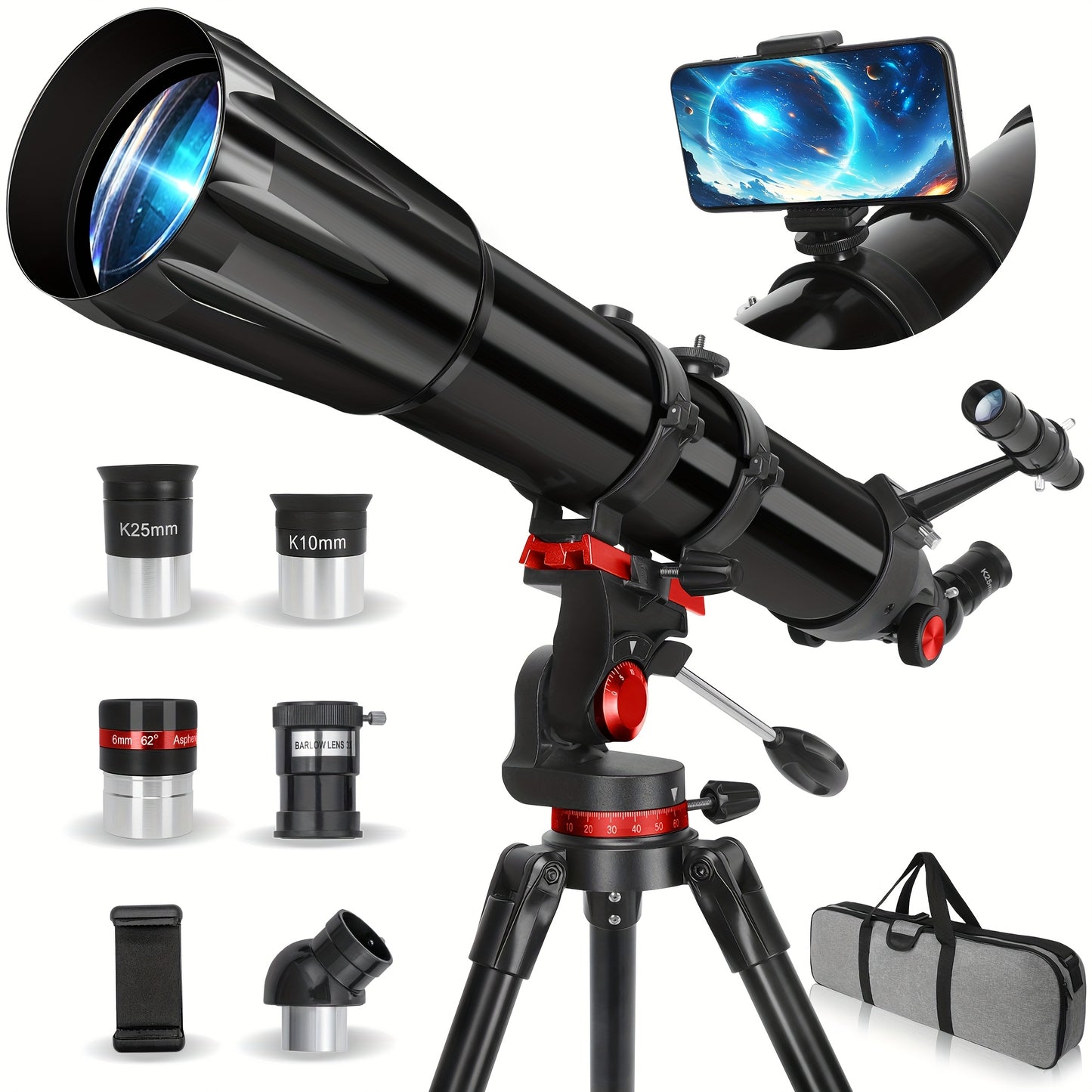 Telescópio refrator profissional com ampliação de 450x, abertura de 90 mm, revestimento completo de 900 mm, alta transmitância, montagem AZ e suporte para telemóvel para observação da lua, pássaros e estrelas - Presente ideal para o Natal e aniversários.