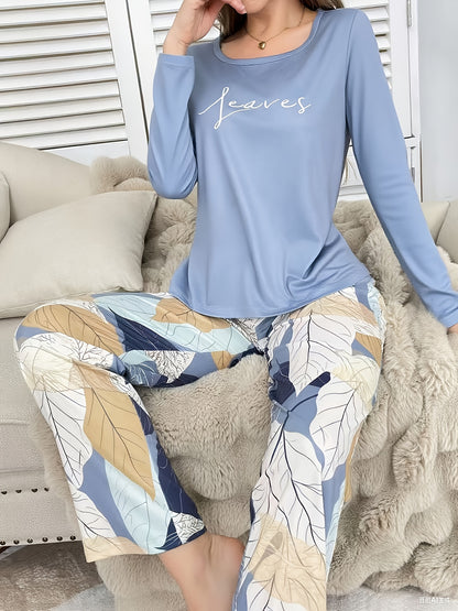Conjunto de pijama casual, versátil e elegante para mulher com estampado de letras, blusa de manga comprida com gola redonda e calças com estampado floral para o outono e inverno.