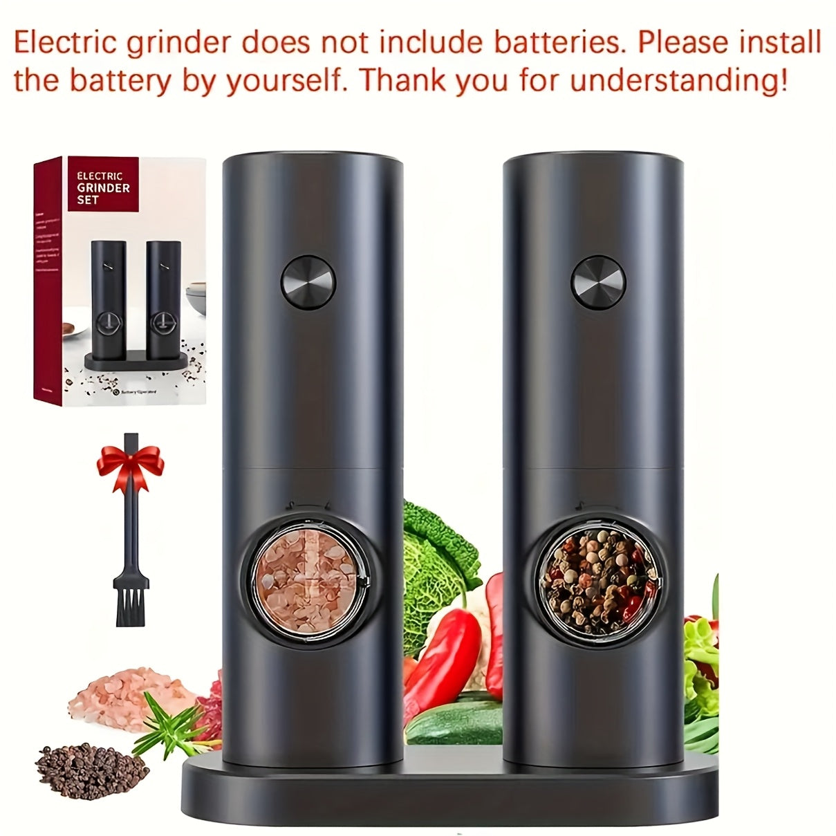 2pcs Electric Salt and Pepper Grinder Set with Adjustable Coarseness/Fineness, One-Touch Operation, (/Battery), Compact Base & Portable with ABS Housing & Black/White Design, Ideal Gift