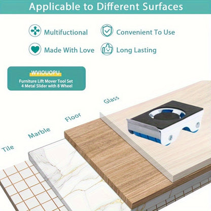 Furniture Sliders of 4 Metal Furniture Movers with 8 Wheels - Heavy Duty Furniture Lift Mover Tool Set of 340.19 KG Load Capacity Easy Sliders Roller Dolly for Moving Cabinet Piano Appliances Sof