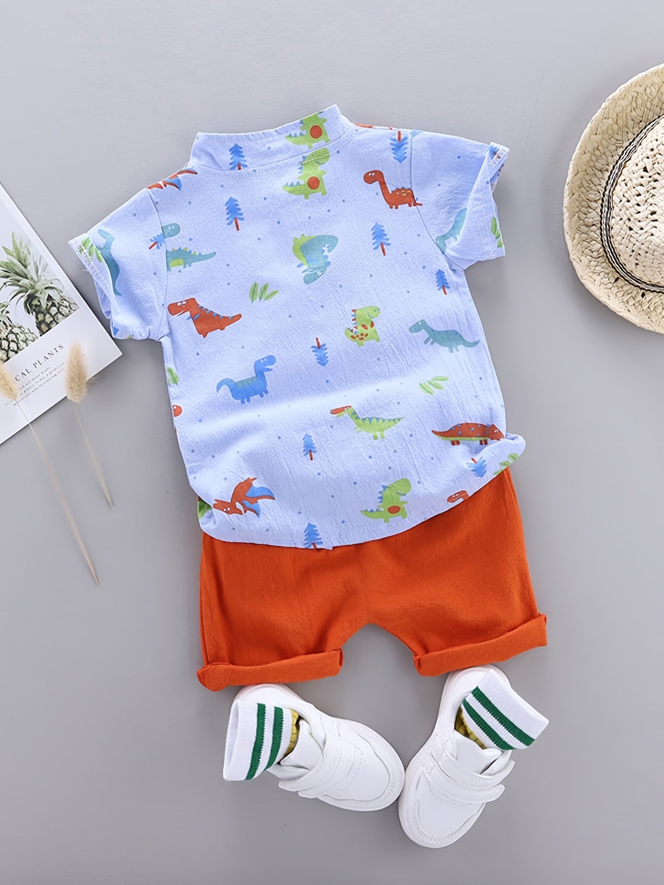 2pcs Baby Boys Dinosaur Print Button Short Sleeve Shirt Top & Elastic Waist Shorts Set Toddler Summer Clothes For Daily & Outdoor Wear