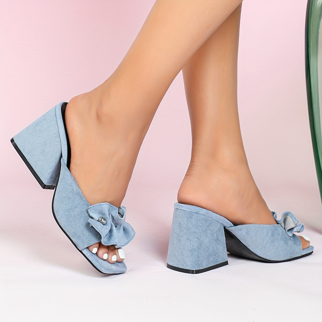 Chic Ladies' Summer Slippers - Black Chunky Heel Open Toe Mules, Women's High Heeled Square Toe Fashion Knit Slip-Ons with Comfortable Rubber Sole