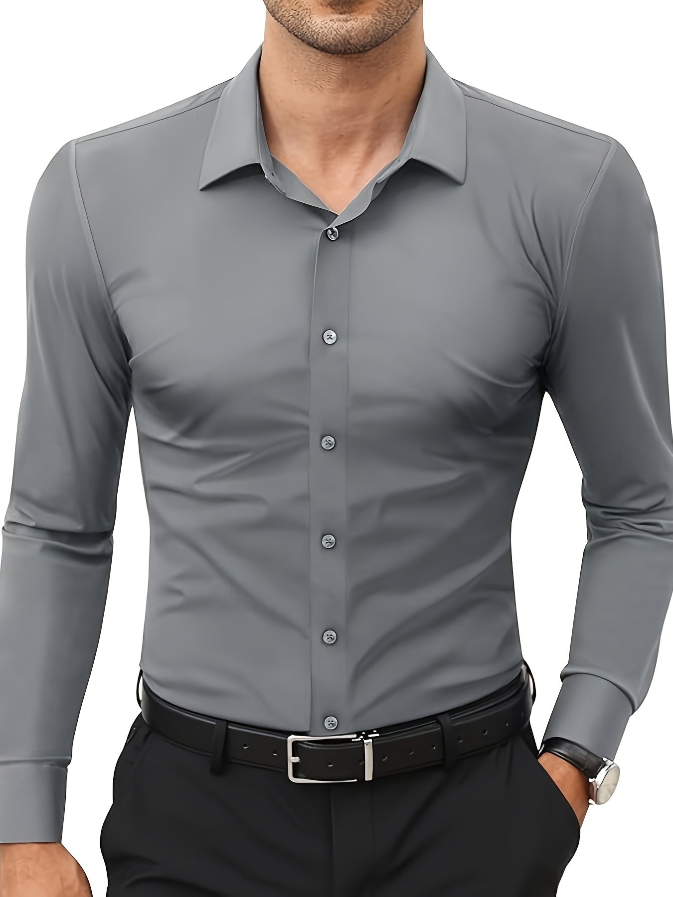 Men'S Slim Fit Long Sleeve Shirt - 55% Cotton, 40% Polyester, 5% Spandex, Solid Color, All-Season, Woven Fabric, Button-Up, Lapel Collar, Casual Weekend Wear, 125g/m²