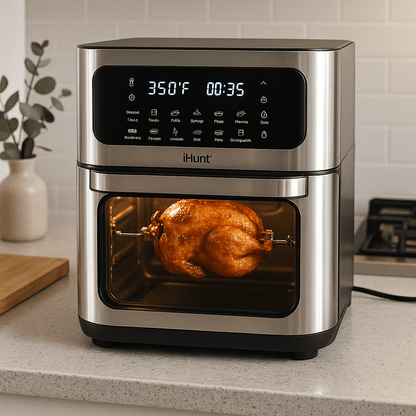Hot Air Fryer with Rotisserie Without Oil Ihunt Bro Air Fryer 12L Rotary XL, 1800W, 360-Degree Air Circulation, Premium Inox Body, 10 Cooking Functions, Adjustable Temperature, Defrosting, Double Compartment with 3 Cooking Zo