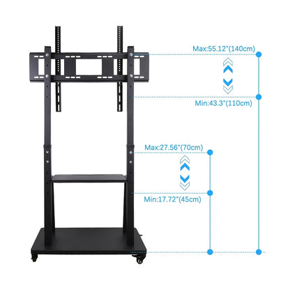Mobile TV Stand,Rolling TVs Cart on Wheels Height Adjustable Heavy-Duty Floor Stand Base for 81.28-254.0 cm LCD LED OLED Flat Panel Screens Movable Holds up to 79.83 KG with Shelf, Portable Tv Stand, Tv Unit for Living Room,