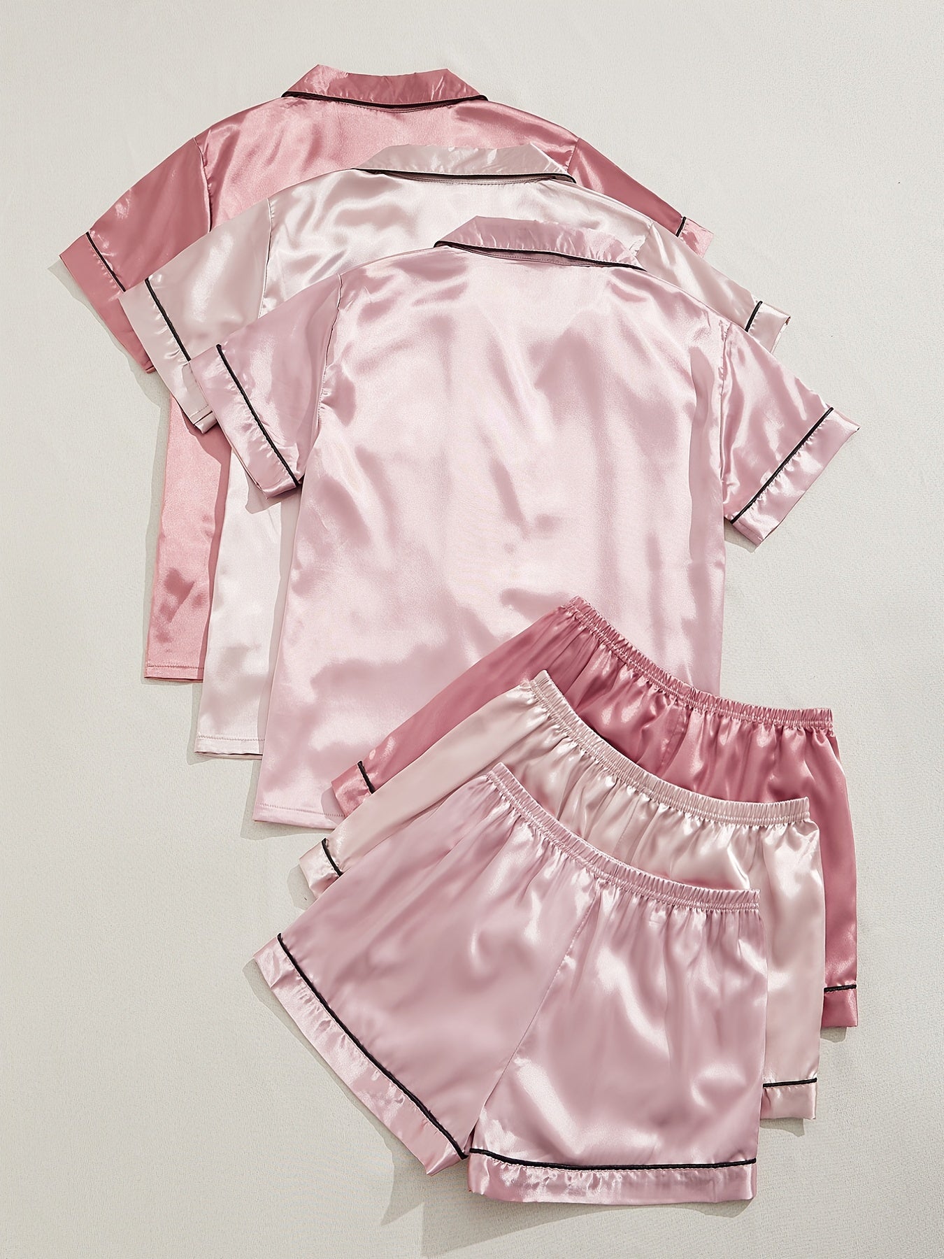 3 Sets Satin Pajama Set, Short Sleeve Lapel Top & Elastic Waistband Shorts, Women's Sleepwear & Loungewear