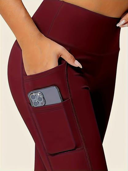 Women'S High-Waisted Shaping Leggings with Double Pockets - Butt-Lifting Design, Maroon Solid Color, Comfortable Stretch Fabric for, & Casual Wear, Leggings, Apparel, Sleek Look, Durable