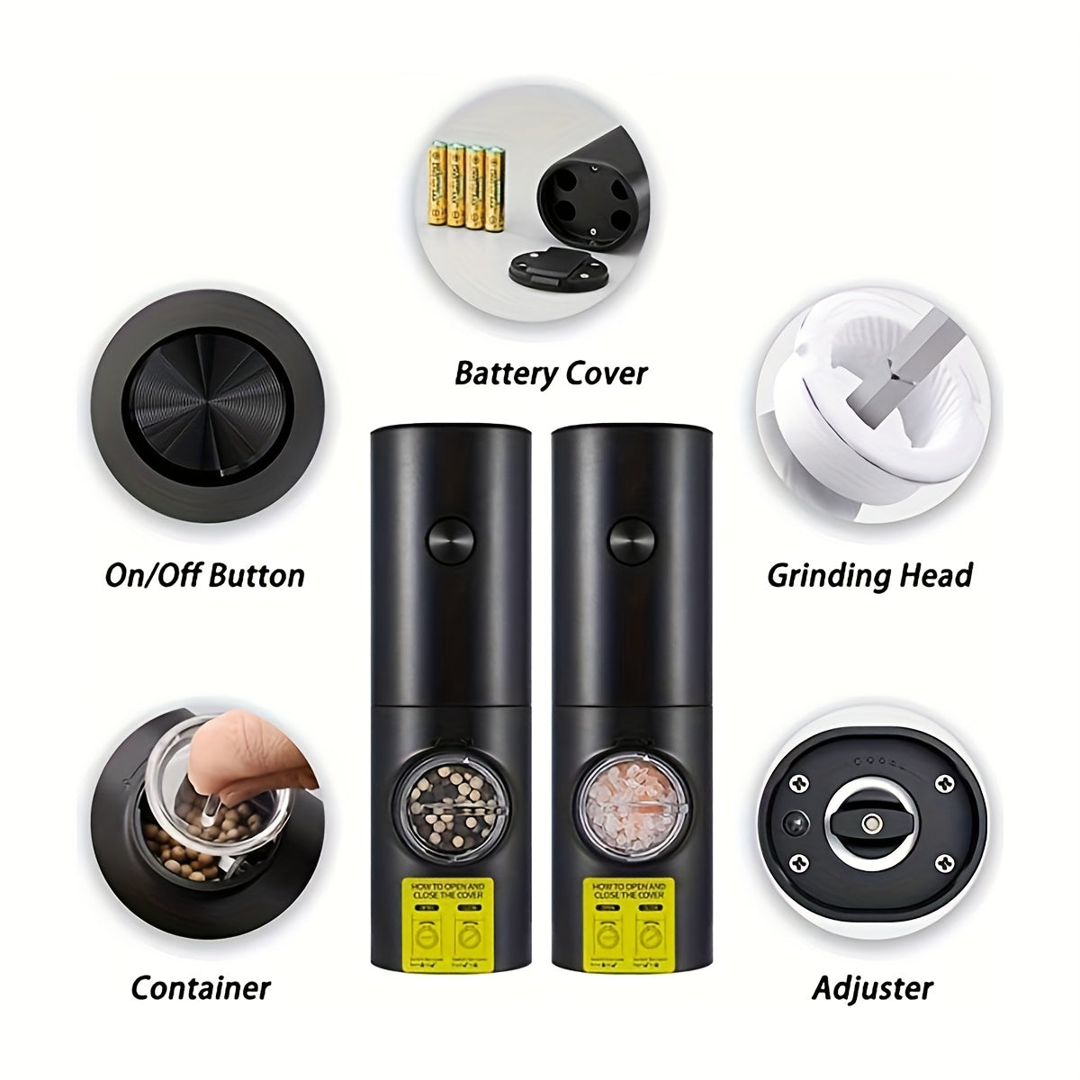 2pcs Electric Salt and Pepper Grinder Set with Adjustable Coarseness/Fineness, One-Touch Operation, (/Battery), Compact Base & Portable with ABS Housing & Black/White Design, Ideal Gift