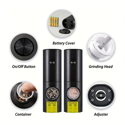 2pcs Electric Salt and Pepper Grinder Set with Adjustable Coarseness/Fineness, One-Touch Operation, (/Battery), Compact Base & Portable with ABS Housing & Black/White Design, Ideal Gift