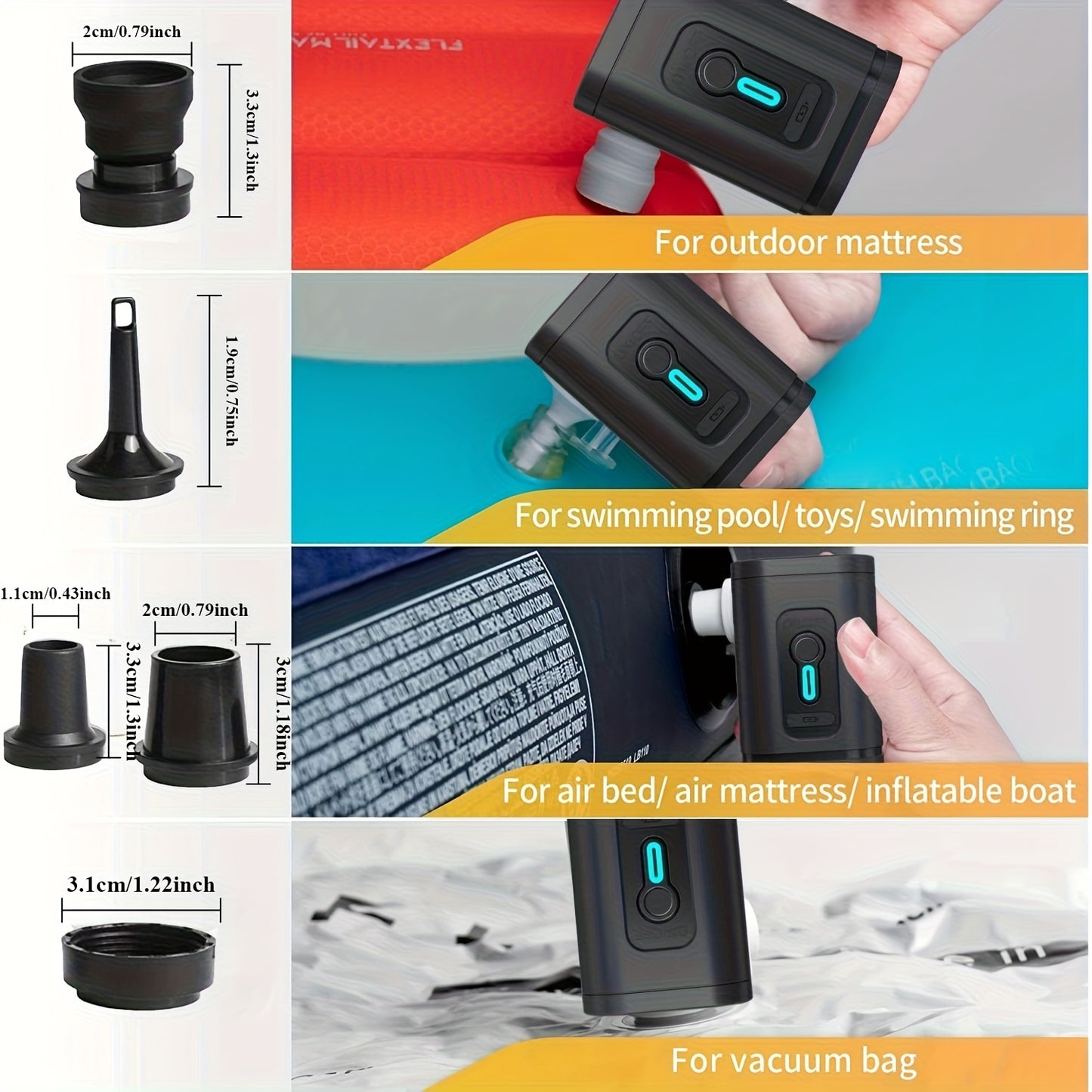 Outdoor Camping Electric Inflatable Pump, Portable Air Pump for Vacuum Compression Bags, Inflatable Sofa, Air Mattress, Boat, Swimming Ring Mini Quick Charge Black Version, USB Rechargeable Battery with 5 Nozzles., 30W
