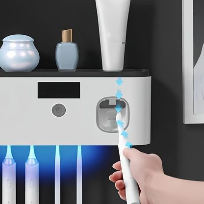1pc Smart Toothbrush Sanitizer with Automatic Toothpaste Dispenser, Wall-Mounted UV Sterilization Holder, 5-Slot Storage, Durable Plastic, USB Rechargeable Lithium Battery, Bathroom Organization and Home Decor, Toothbrush Hol