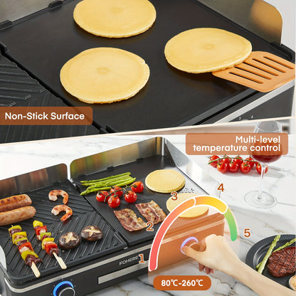 2400W Electric Indoor Grill Griddle with Large 25x30cm Nonstick Plates, 2-Zone Adjustable Temperature Control, Pancake & Egg Maker, Drip Tray & Indicator Light - Stainless Steel Portable Flat Top Grill for Kitchen, Camping, R