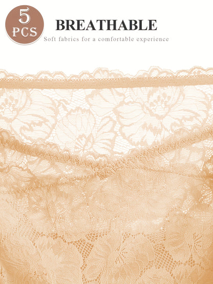 5pcs Women's High-Waisted Tummy Control Briefs - Soft Lace Trim, Butt-Lifting & Tummy Control, Elegant Lace Underwear For Everyday Comfort
