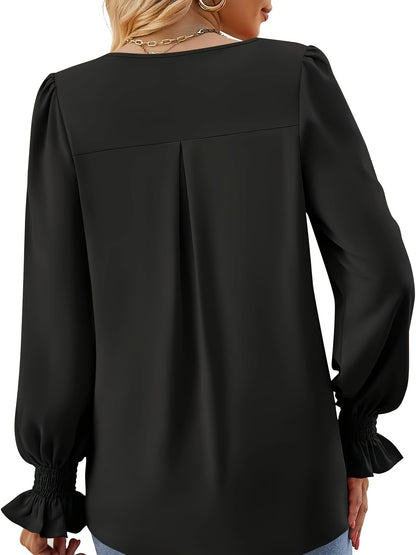 Solid V Neck Simple Blouse, Elegant Long Sleeve Ruched Blouse, Women's Clothing