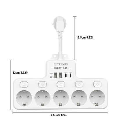 A 9-In-1 Power Strip with USB, Featuring 5 EU Sockets with Individual And Master Switches, 2 USB-A And 2 USB-C Ports, Flexible Cable Sockets, Wall-Mounted Design, Suitable for Home, Kitchen, Office, And Travel.