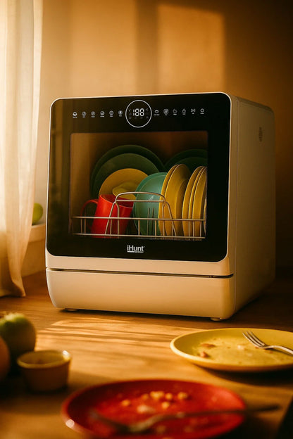 Máquina de lavar loiça compacta Ihunt Bro Xpert, Turbo Clean, 950W, com bomba de drenagem, controlo digital, classe B, 6 programas, aquecimento/secagem, torneira de abastecimento de água/manual, depósito de água de 5L, 45cm, branco