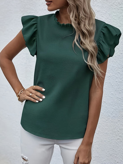 Ruffle Trim Crew Neck Blouse, Casual Solid Color Flutter Sleeve Blouse For Spring & Summer, Women's Clothing Wedding holiday vacation