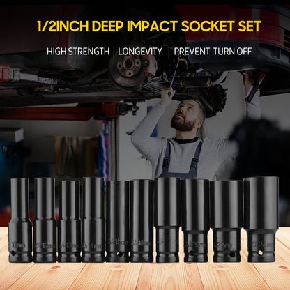 1 Set Heavy-Duty Impact Socket Set, Deep Drive Carbon Steel Sockets, Mechanical Operation, No Power Required, Ideal For Auto Repair And Maintenance
