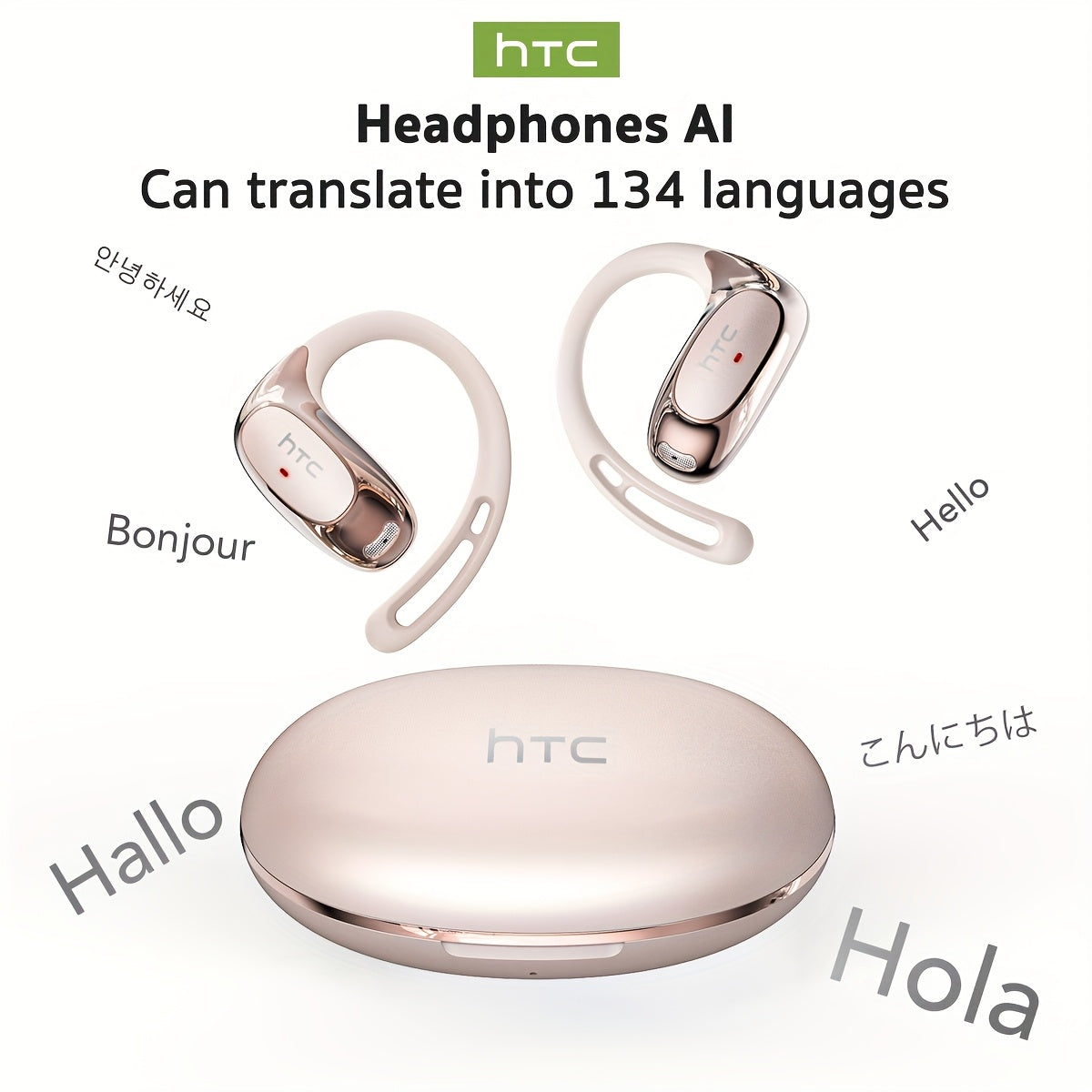 HTC NE35 AI Translation Earbuds Real-time Translation Headphones OWS Open-Ear Wireless Headphones, Latest BT V6.0, Noise Reduction Clear Call, 6.5 Hours Music Long Battery Life, Big speaker Big Volume