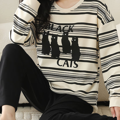 Women's Black and White Striped Cat Print Casual Pajama Set - Elastic Waist Pants with Round Neck Long Sleeve Top, Machine Washable, Perfect Seasonal Sleepwear, Loose Fit | Whimsical Pattern T-Shirt | Polyester Blend Fabric,