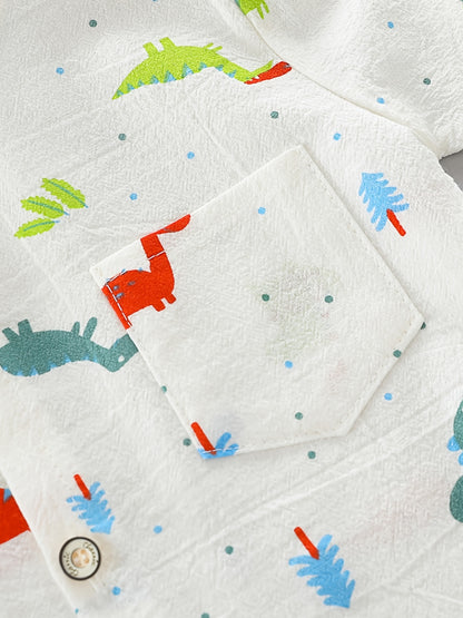 2pcs Baby Boys Dinosaur Print Button Short Sleeve Shirt Top & Elastic Waist Shorts Set Toddler Summer Clothes For Daily & Outdoor Wear