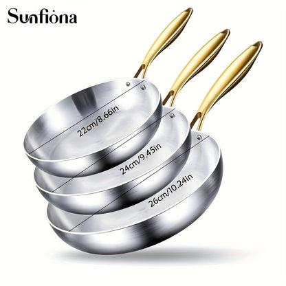Sunfiona Tri-Ply Stainless Steel Frying Pan Set of 3,21.84/23.88/25.91/27.94/29.97cm Chef's Pans,Skillets,Induction Cookware,Pots and Pans Set,Dishwasher and Oven Safe