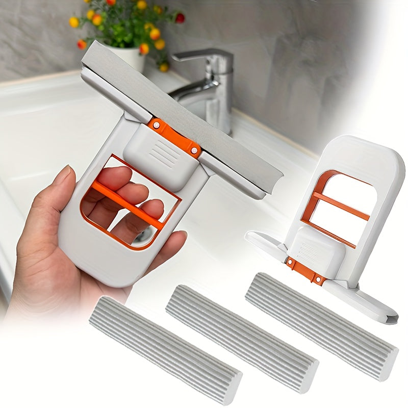 4pcs 1 Mop + 3 Sponges No-Wash Desktop Cleaner - Quick Cleaning Design, Foldable Space-Saving Handheld System for Home, Office, Bathroom & Kitchen Compact Tabletop Scrubber Ideal Small Apartments and Dorms Durable Plastic Mat