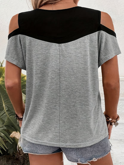 9068# Women's Plus Size Off-Shoulder Round Neck T-Shirt - Color Block Striped Summer Top, Breathable Machine-Washable Casual Elegant Tee, Ladies T Shirts, Easycare Clothing, Nontransparent Fabric, Relaxed Fit, Stylish Blouse,