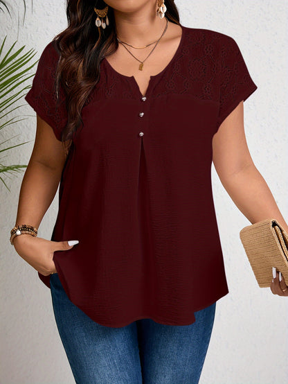 Women'S Plus Size Casual Top - Elegant Maroon Blouse with Contrast Lace Detail, Non-Stretch Fabric, Perfect for Spring/Summer/Fall, Plus Size Blouses