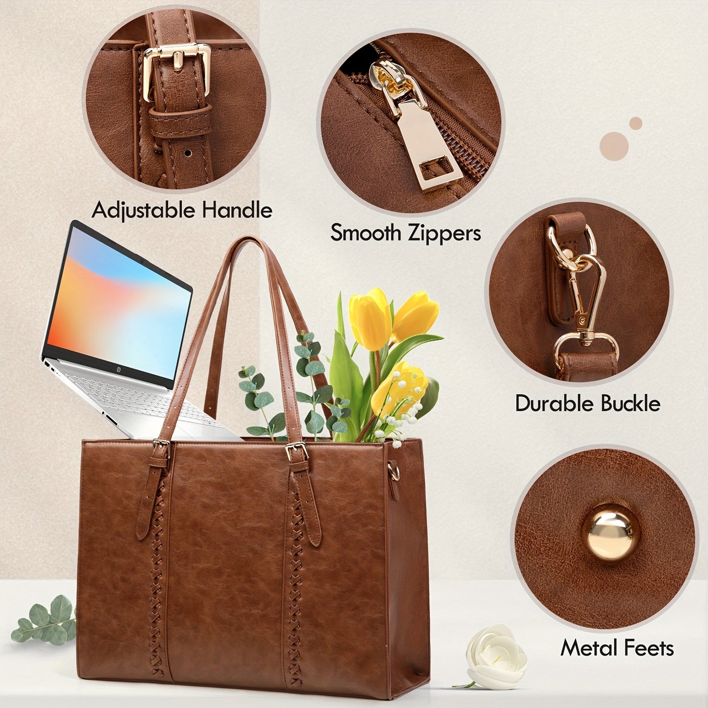 NUBILY Laptop Bag for Women 39.62 cm PU Leather Computer Work Bags Large Laptop Tote Bag Professional Business Office Briefcase Women Lightweight Shoulder Handbags, Brown