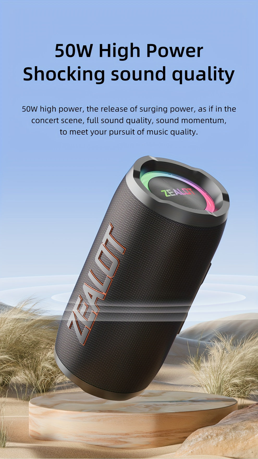 ZEALOT S76 50W Wireless Speaker, Outdoor Portable with RGB Lighting, 8-Hour Playtime, Supports Phone, Tablet, PC, TV. SD, USB, AUX, Dual Pairing Function, Suitable For Car, Camping, Beach, Party